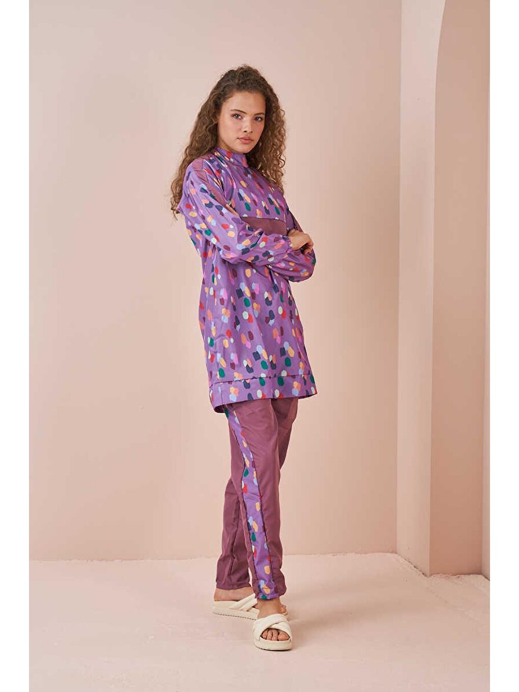 Puantiye Desen Tesettür Mayo Kısa Lila-3