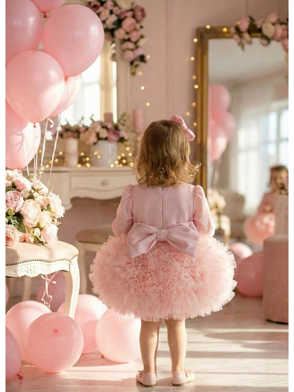 Pembe Tütülü Kabarık Uzun Kollu Kız Çocuk Kız Bebek Elbise-2