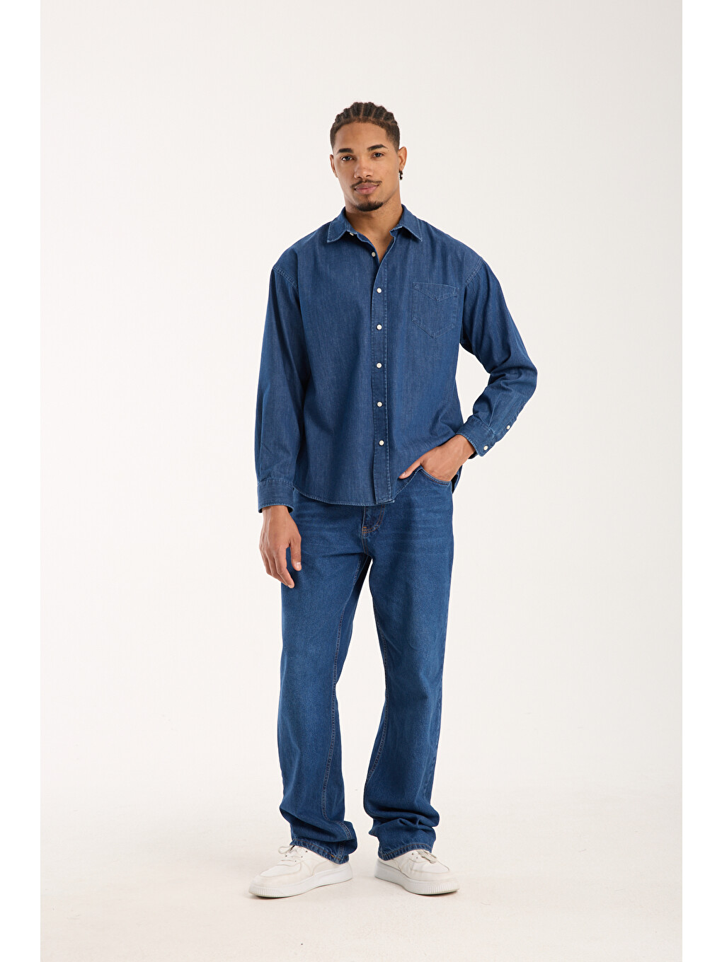 Rio Denim Pamuklu Oversize Fit Lacivert Klasik Yaka Erkek Düz Gömlek-2