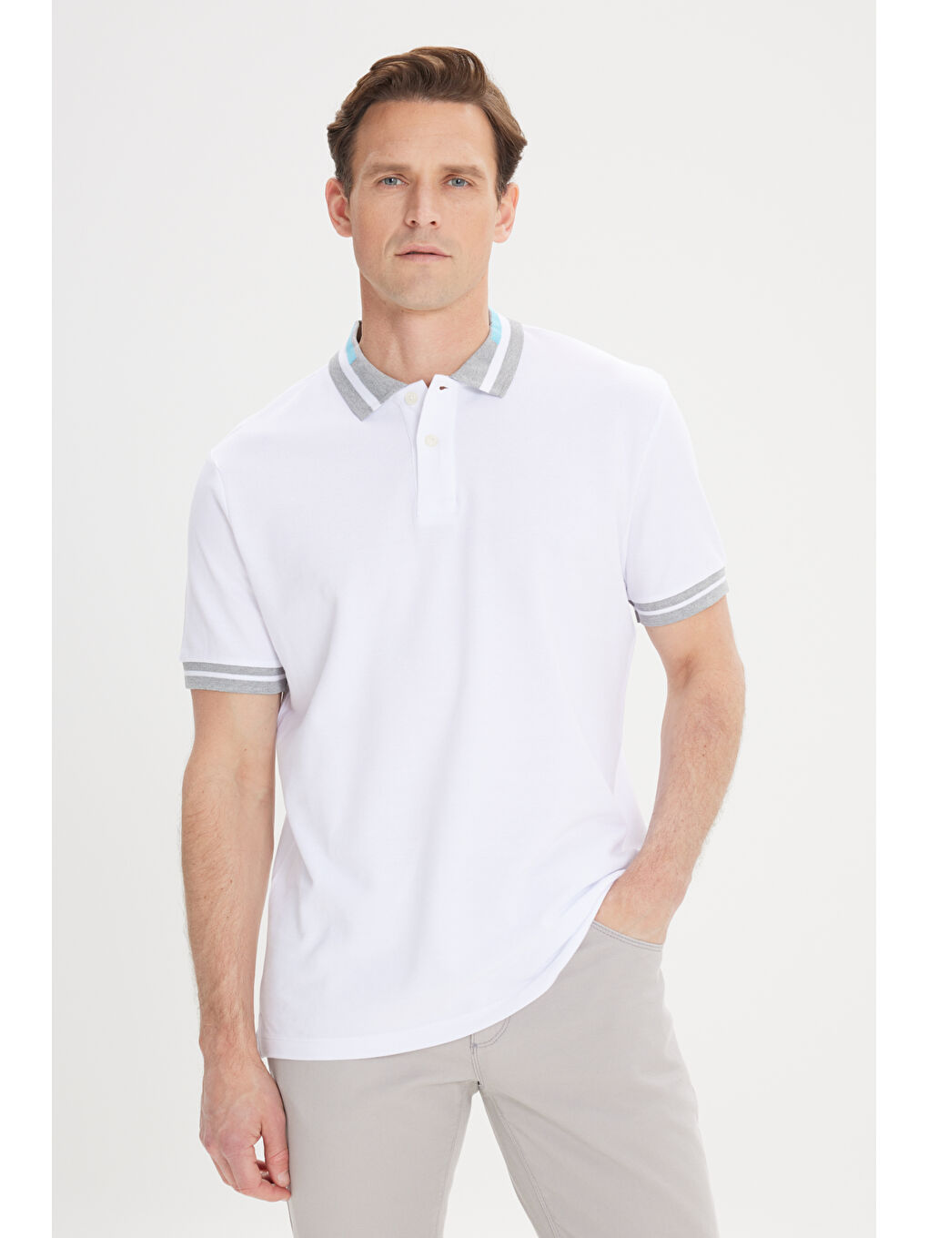 Erkek Beyaz-Turkuaz Slim Fit Dar Kesim %100 Pamuk Polo Yaka Tişört-1