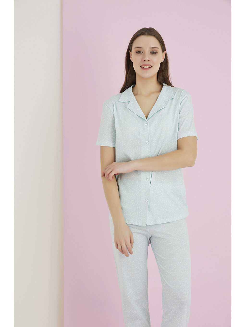 Mavi Penye Düğmeli Pijama Takımı 7096-10-1