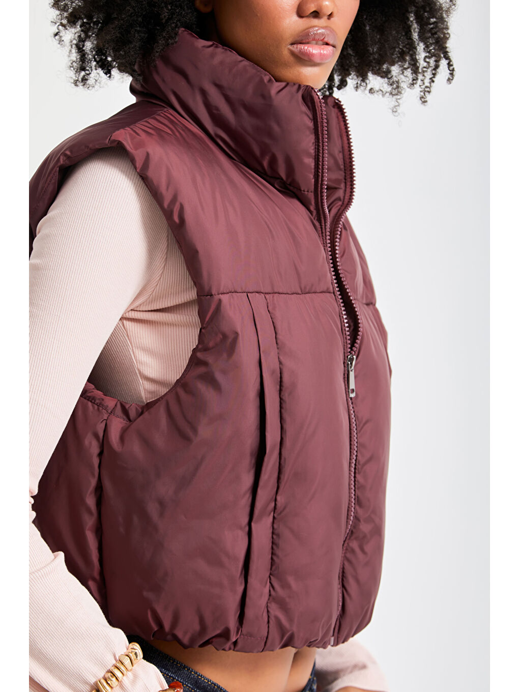 Kadın Bordo Renk w5-35 Şişme İçi Dolgulu Sıfır Kol Yandan Cepli Crop Şişme Yelek-1