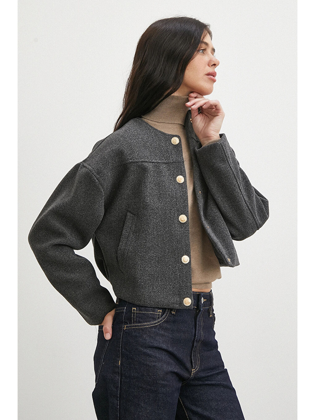 Karışık Beli Lastikli Düğmeli Bomber Ceket Antirasit