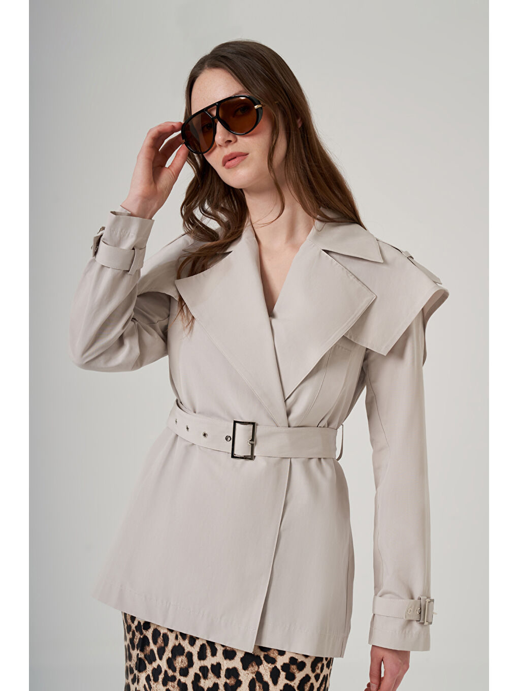 Bej Kuşak Detaylı Kap Ceket 6042 Taş-4