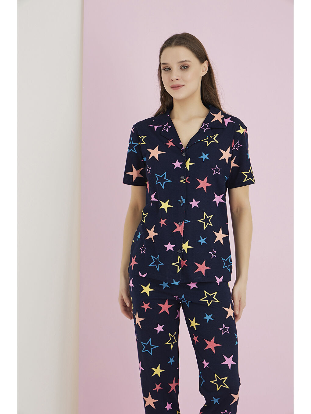 Lacivert Penye Düğmeli Pijama Takımı 7096-1