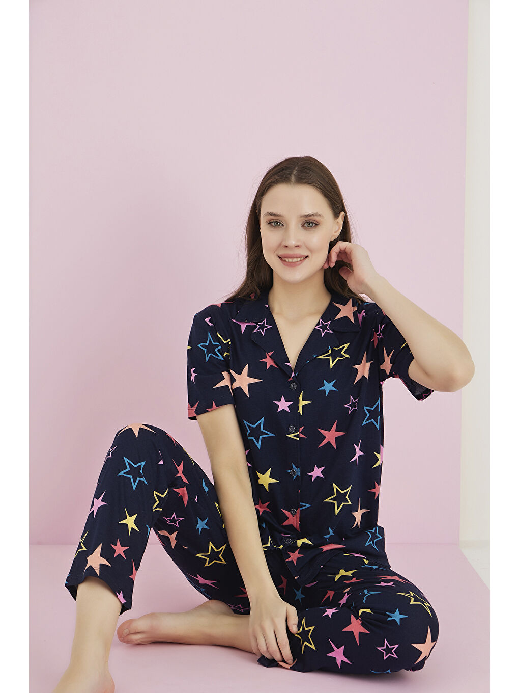 Lacivert Penye Düğmeli Pijama Takımı 7096-1-1