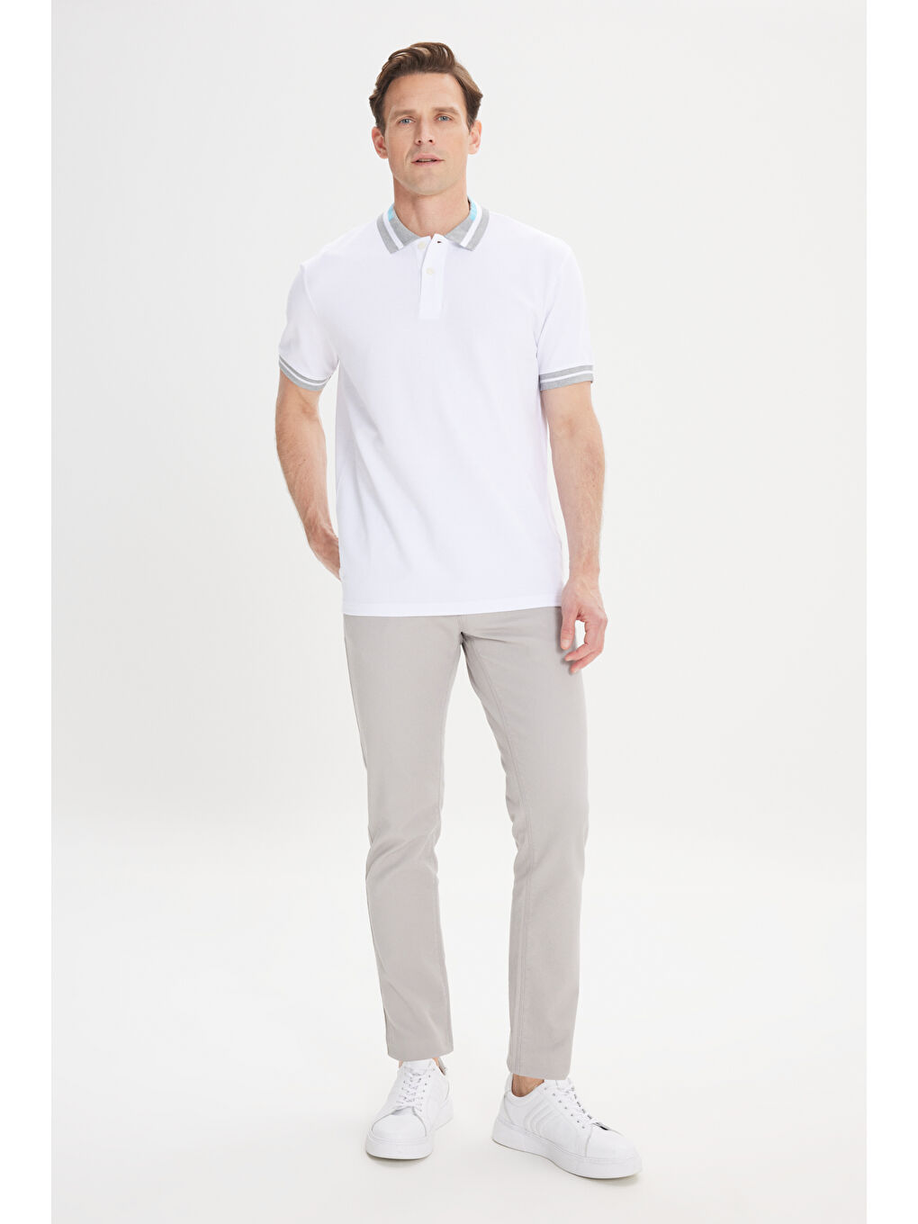 Erkek Beyaz-Turkuaz Slim Fit Dar Kesim %100 Pamuk Polo Yaka Tişört-3