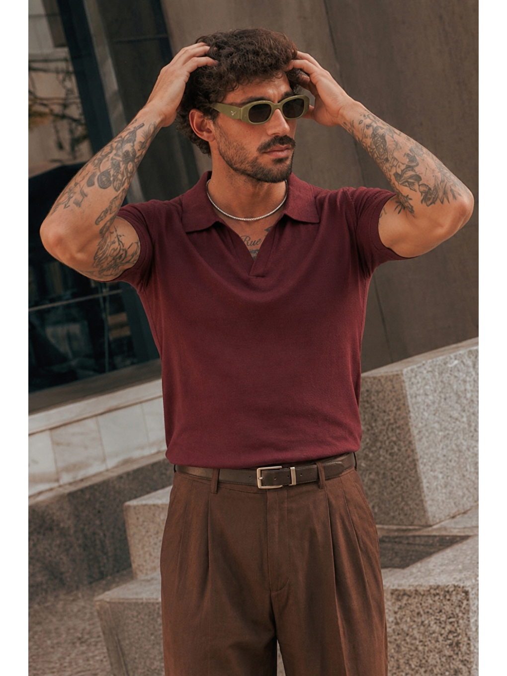 Erkek Polo Yaka %100 Pamuklu Basic Bordo Tişört-3