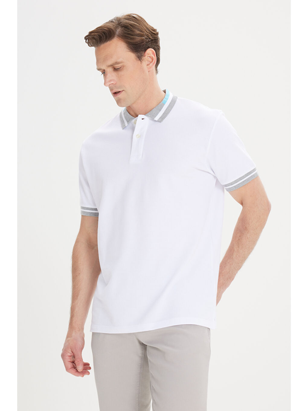 Erkek Beyaz-Turkuaz Slim Fit Dar Kesim %100 Pamuk Polo Yaka Tişört-4