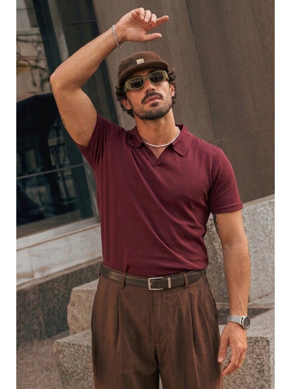 Erkek Polo Yaka %100 Pamuklu Basic Bordo Tişört-4