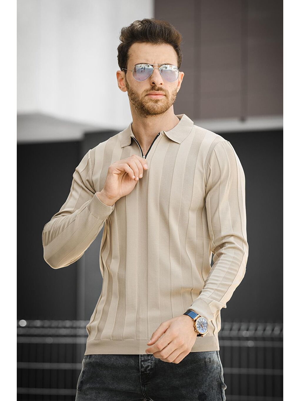 Kahverengi Vilnius Slim Fit Çizgili Gömlek Yaka Yarım Fermuarlı Erkek Triko