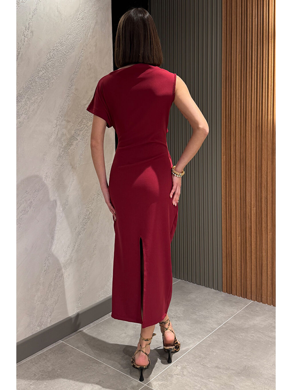 Bordo Yırtmaçlı Bel Drapeli Kadın Elbise-2