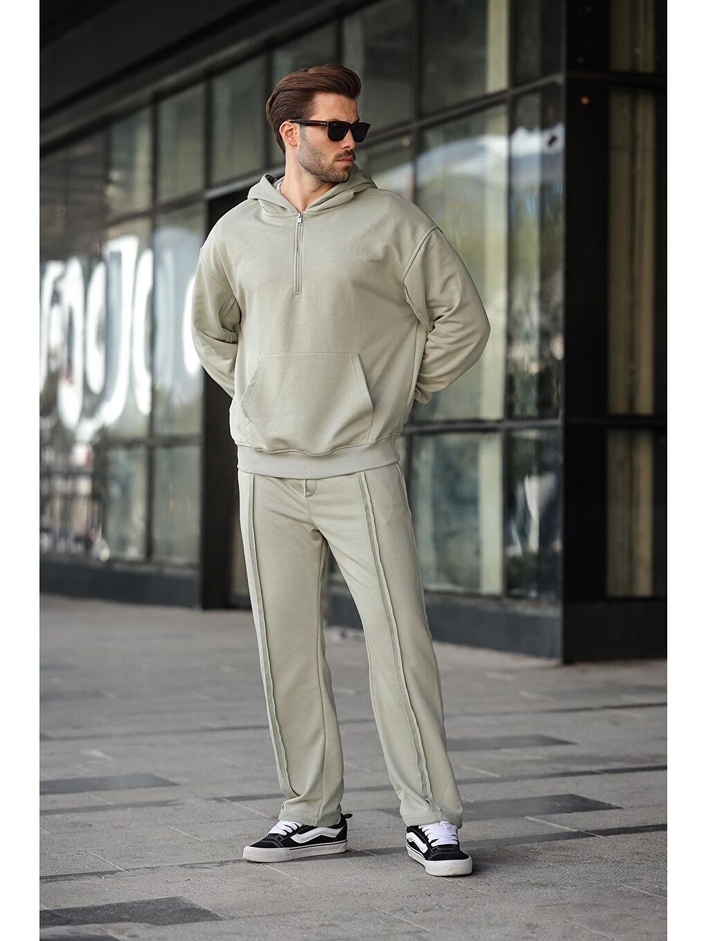 Mint Yeşili Yarım Fermuarlı Kapüşonlu Erkek Eşofman Takımı E7332