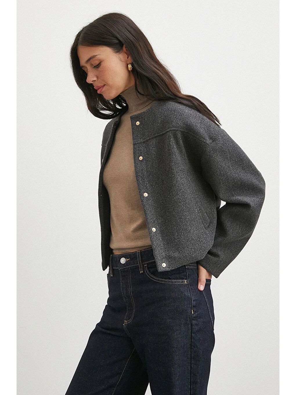 Karışık Beli Lastikli Düğmeli Bomber Ceket Antirasit-2