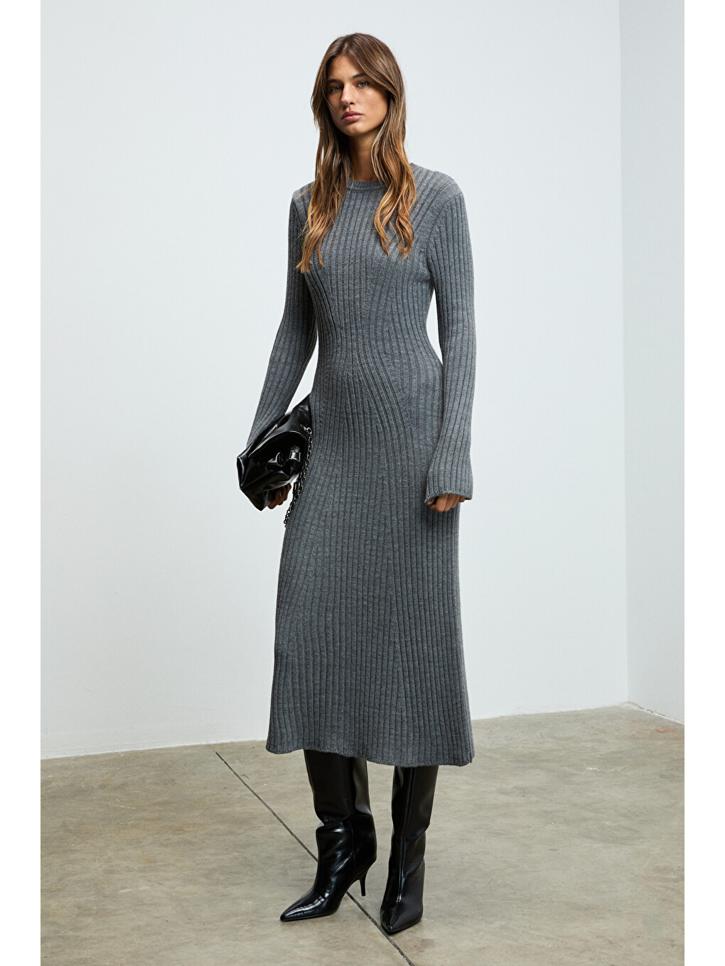 Duende Kadın Yuvarlak Yaka Çizgi Desenli Slim Fit Triko Gri Melanj Elbise