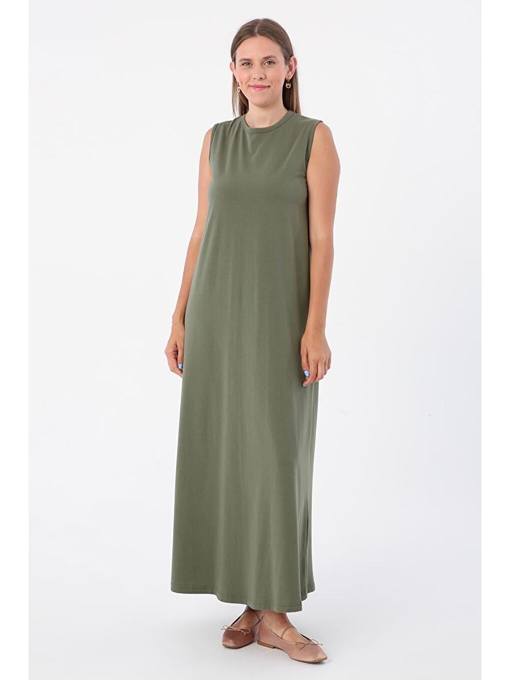 Haki-Pamuklu Bisiklet Yaka Kolsuz İçlik Elbise-1