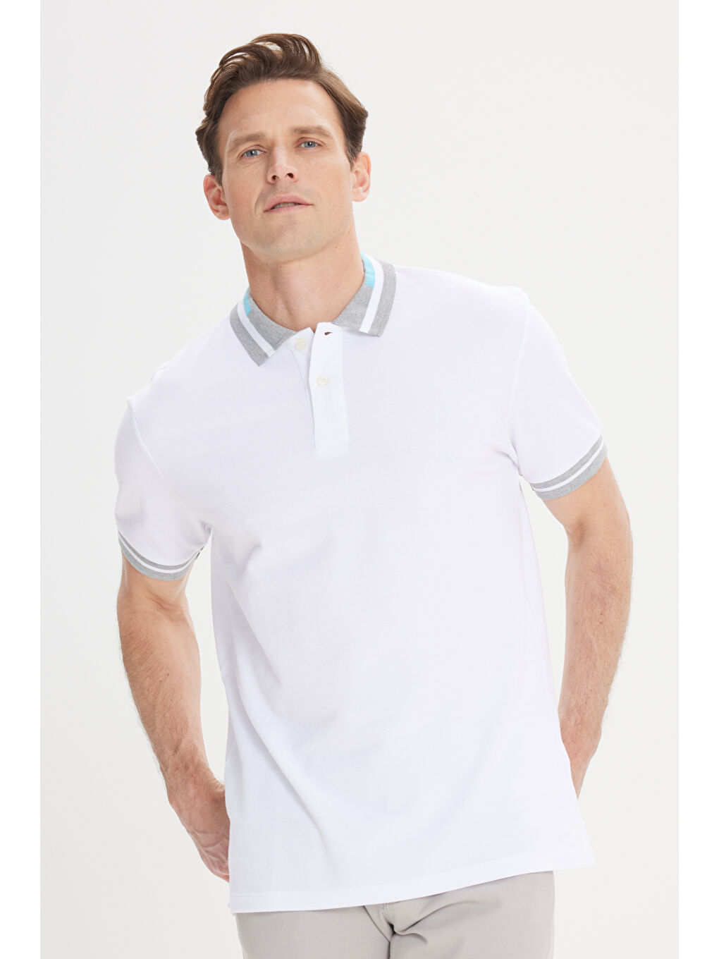Erkek Beyaz-Turkuaz Slim Fit Dar Kesim %100 Pamuk Polo Yaka Tişört-5