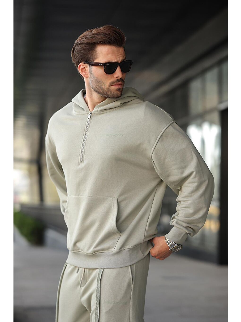 Mint Yeşili Yarım Fermuarlı Kapüşonlu Erkek Eşofman Takımı E7332-1