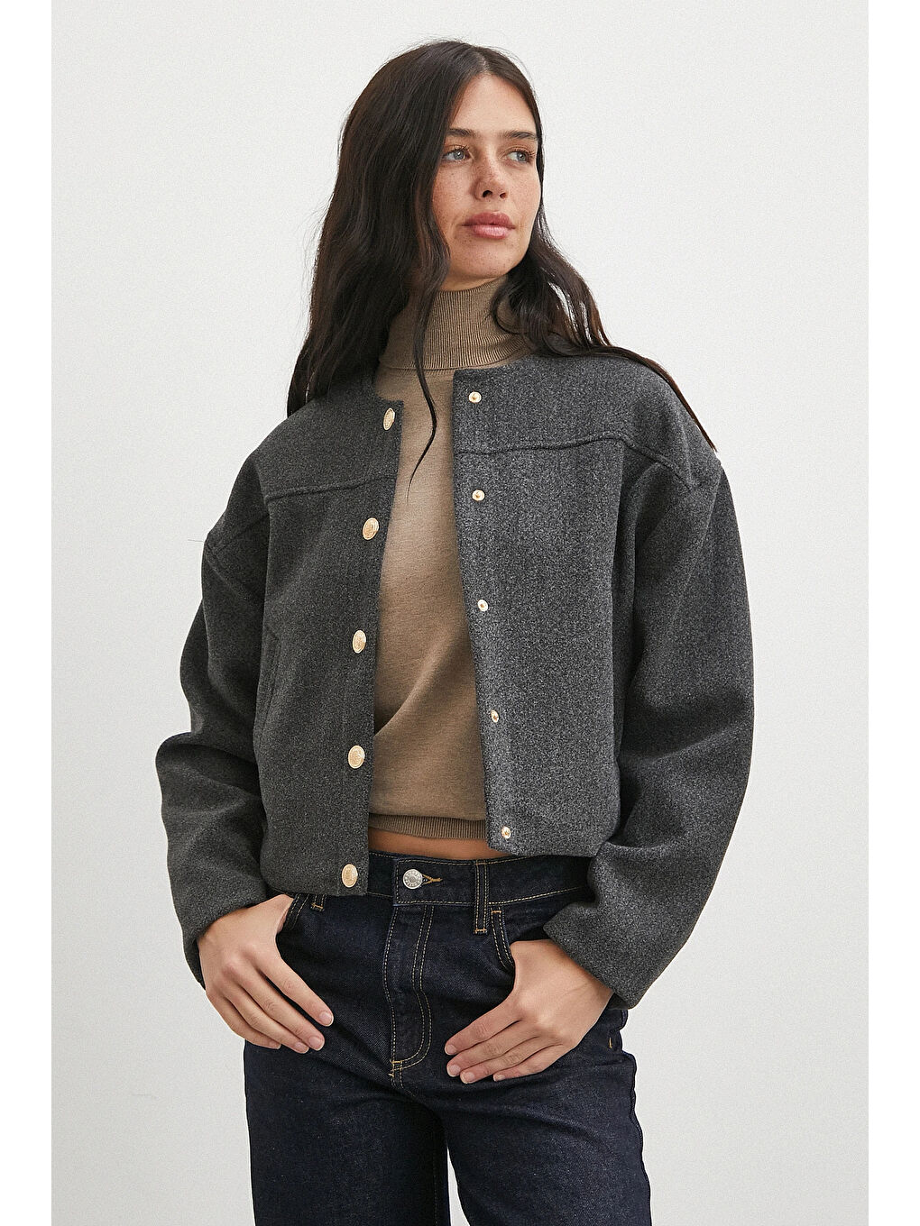 Karışık Beli Lastikli Düğmeli Bomber Ceket Antirasit-3