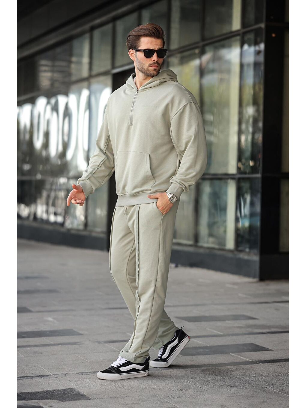 Mint Yeşili Yarım Fermuarlı Kapüşonlu Erkek Eşofman Takımı E7332-3