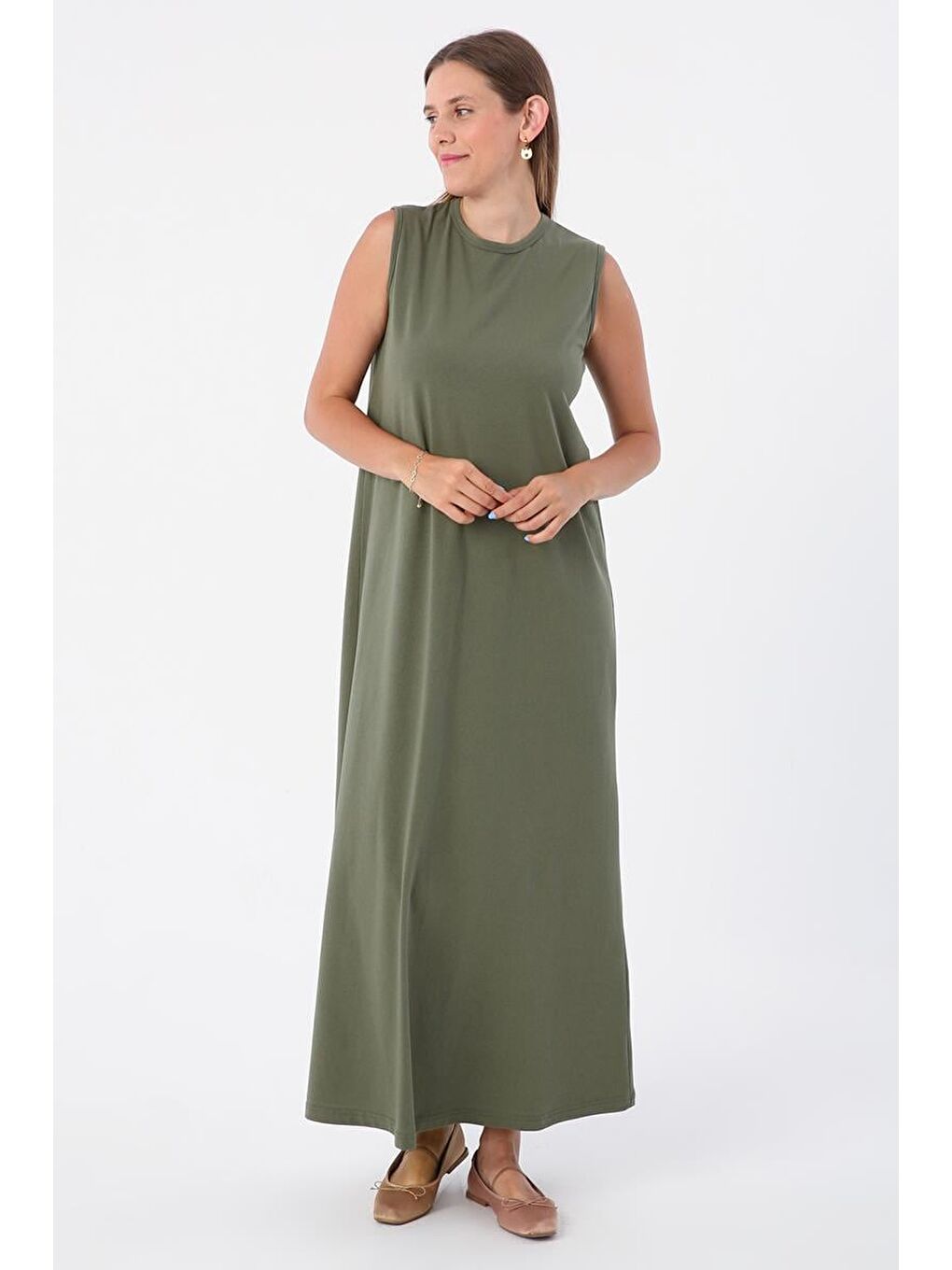 Haki-Pamuklu Bisiklet Yaka Kolsuz İçlik Elbise-2