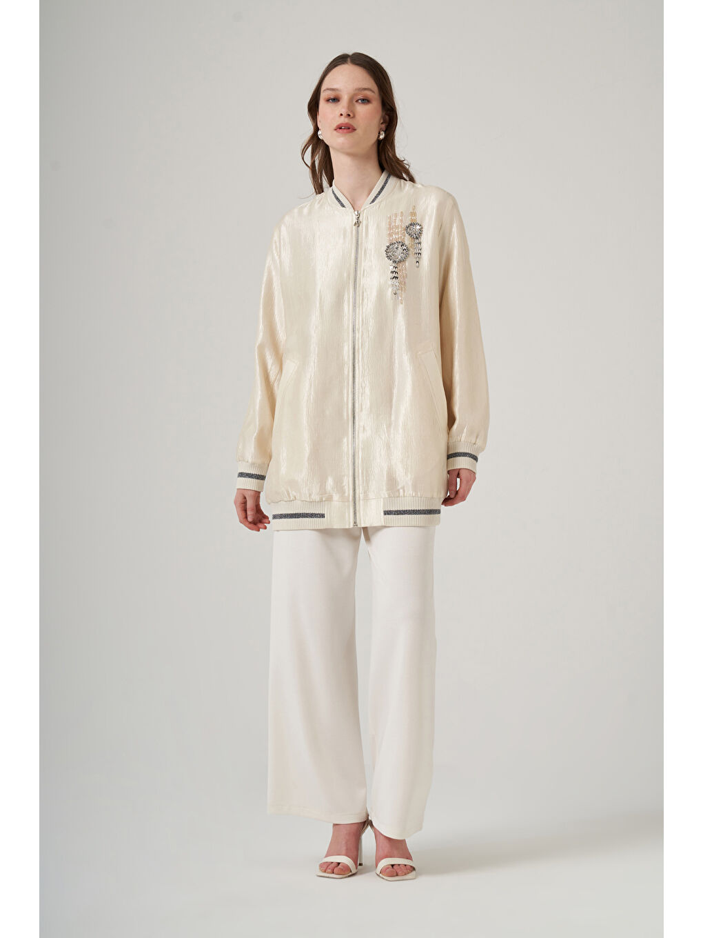 Taş İşleme Detay Kap Ceket 6038 Ekru-1