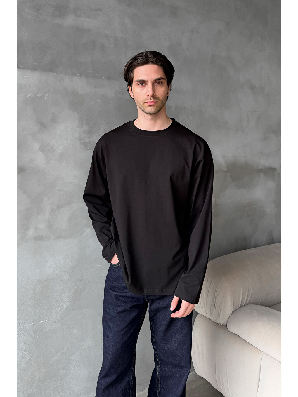 Siyah Erkek Oversize Uzun Kollu Basic T-shirt