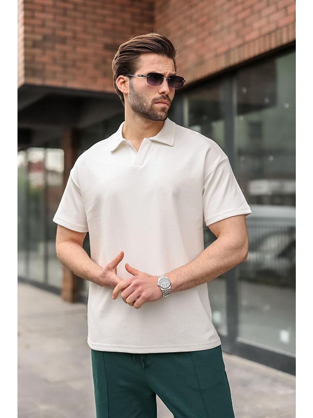 Ekru Polo Yaka Oversize Erkek Tişört E7185