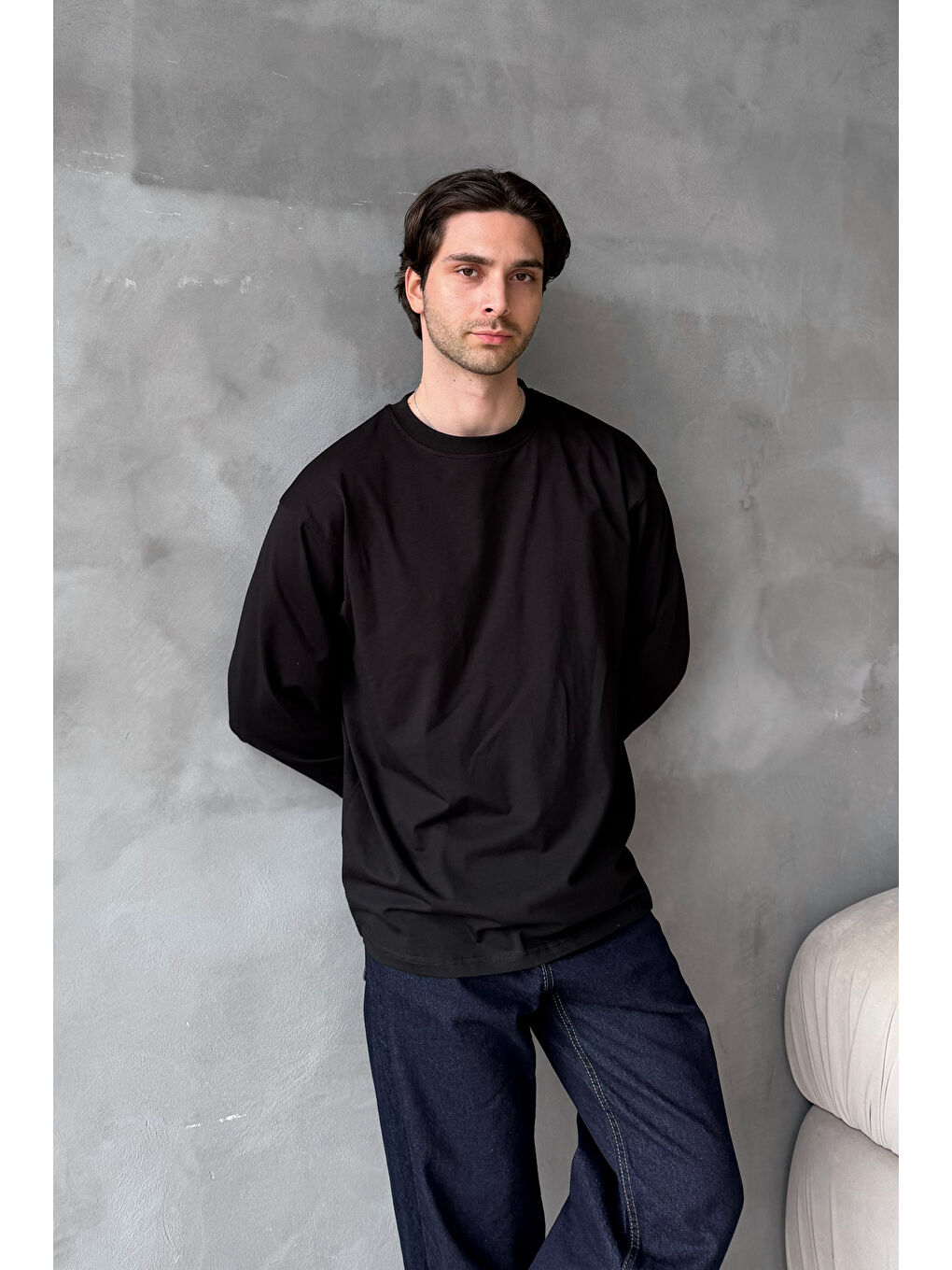 Siyah Erkek Oversize Uzun Kollu Basic T-shirt-1