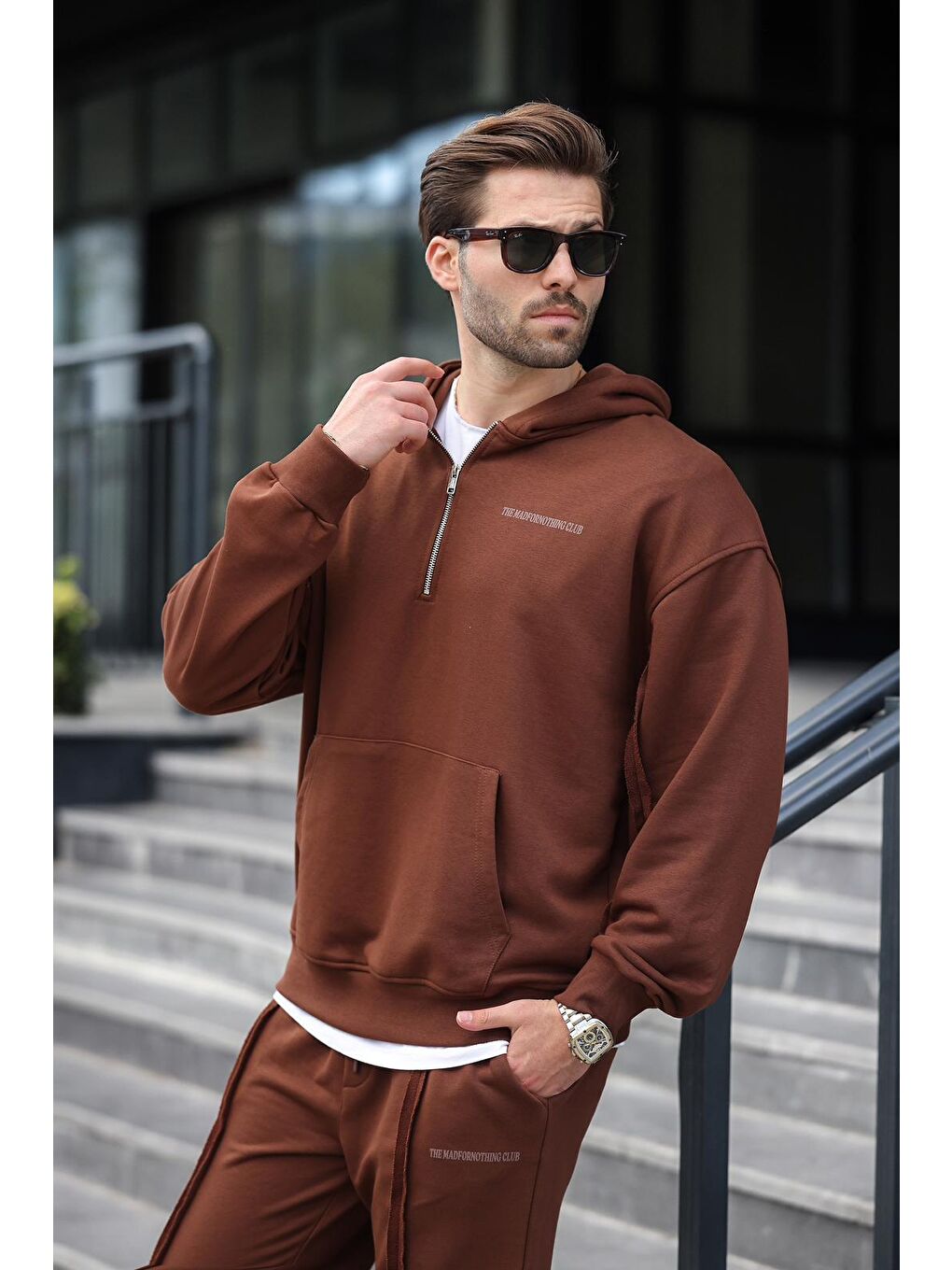 Acı Kahverengi Yarım Fermuarlı Kapüşonlu Erkek Eşofman Takımı E7332-1