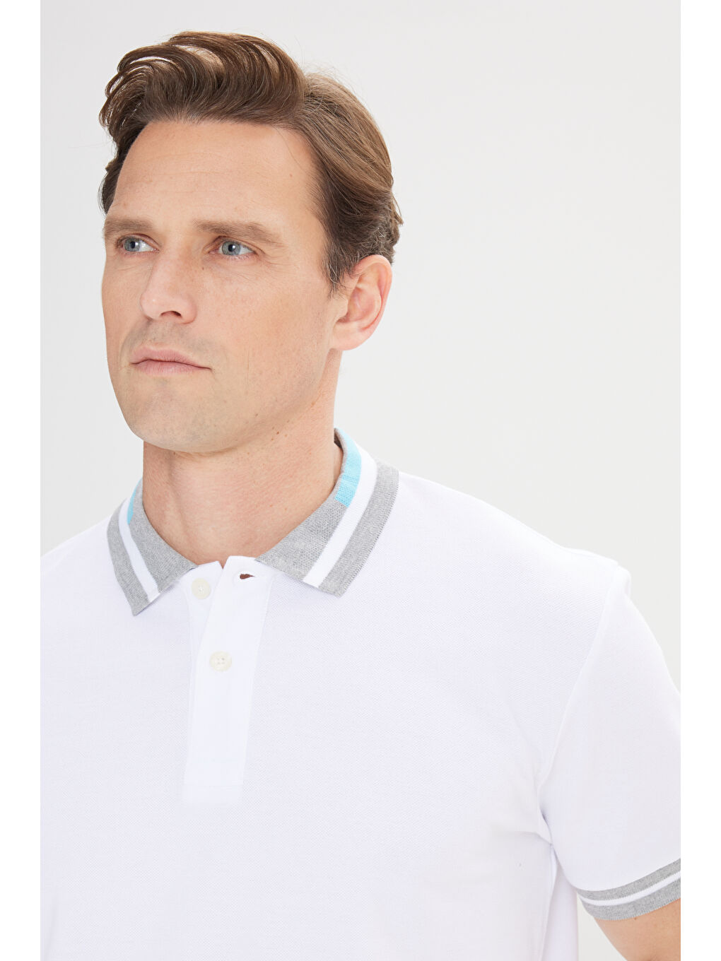 Erkek Beyaz-Turkuaz Slim Fit Dar Kesim %100 Pamuk Polo Yaka Tişört-6