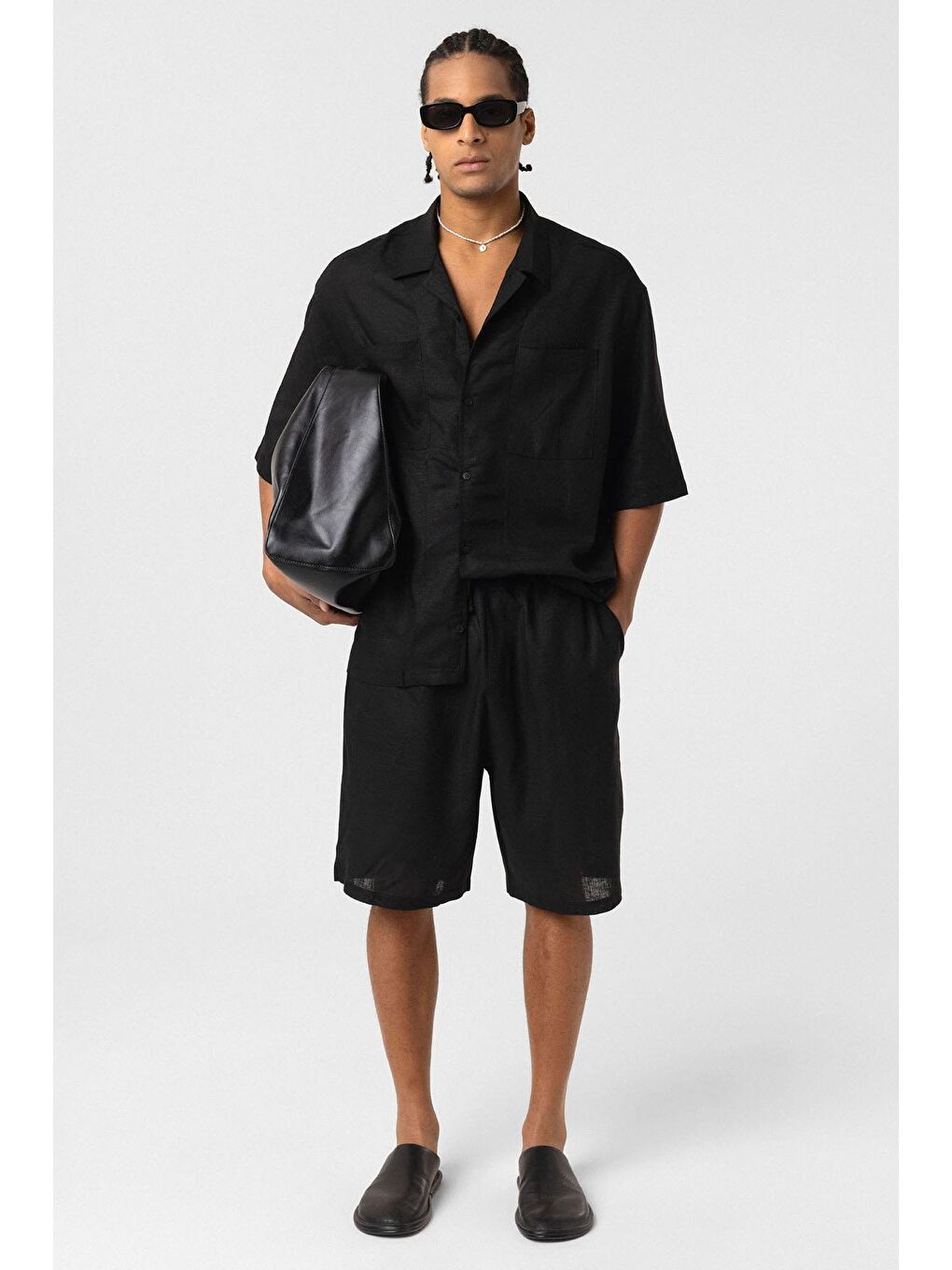 Çift Cepli Oversize Keten Gömlek Siyah