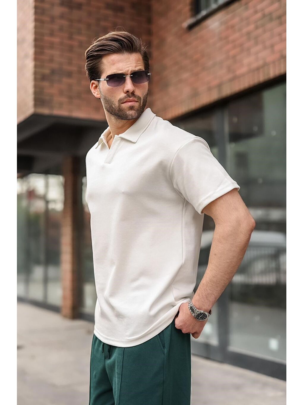 Ekru Polo Yaka Oversize Erkek Tişört E7185-1