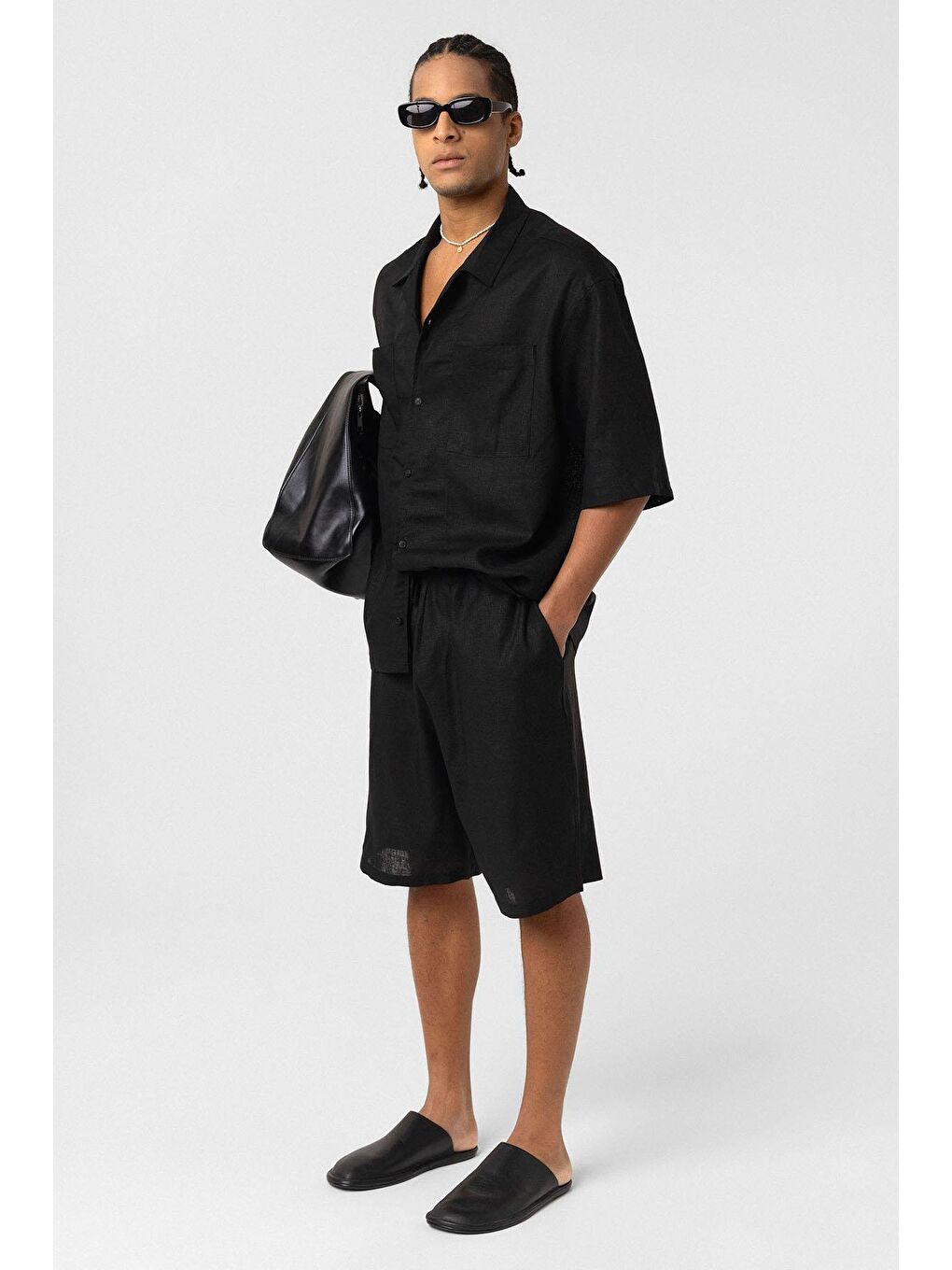 Çift Cepli Oversize Keten Gömlek Siyah-1