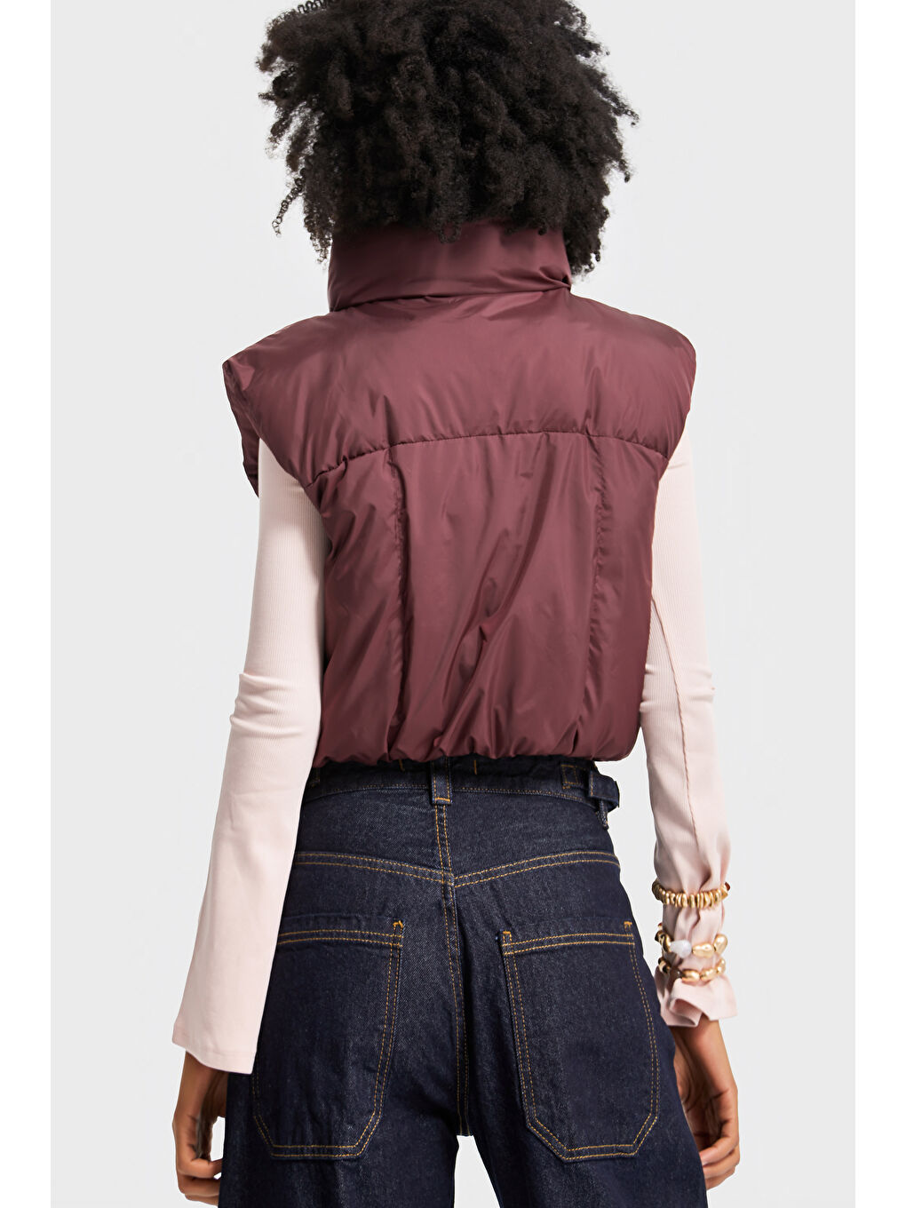 Kadın Bordo Renk w5-35 Şişme İçi Dolgulu Sıfır Kol Yandan Cepli Crop Şişme Yelek-3
