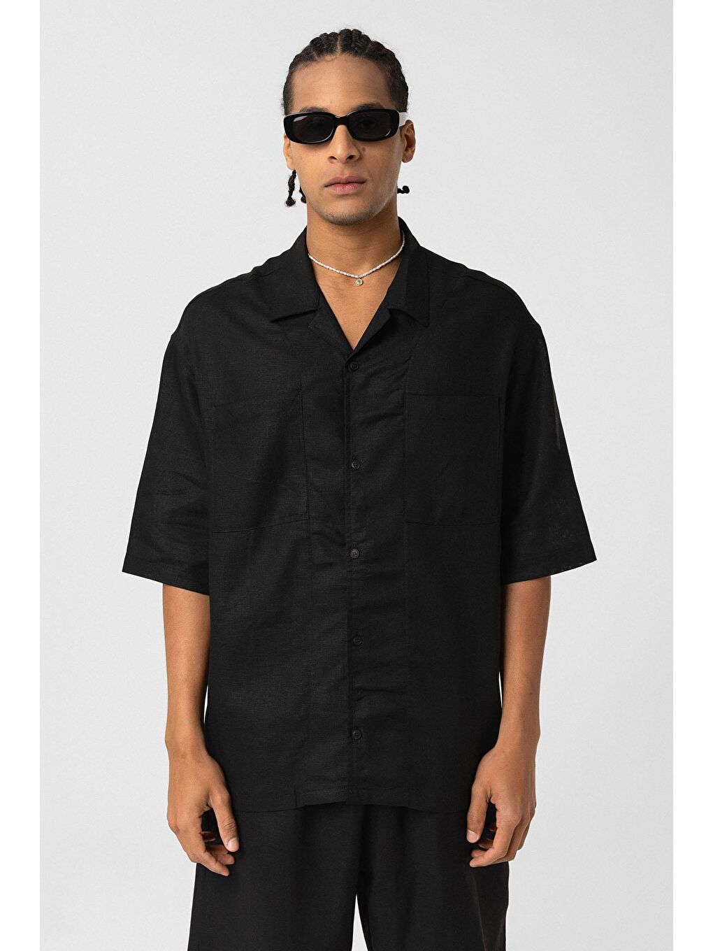 Çift Cepli Oversize Keten Gömlek Siyah-2