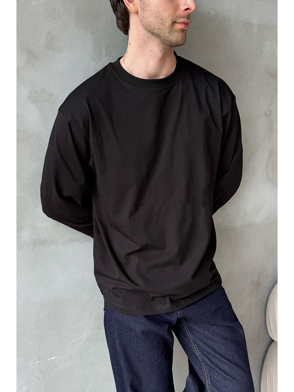 Siyah Erkek Oversize Uzun Kollu Basic T-shirt-2