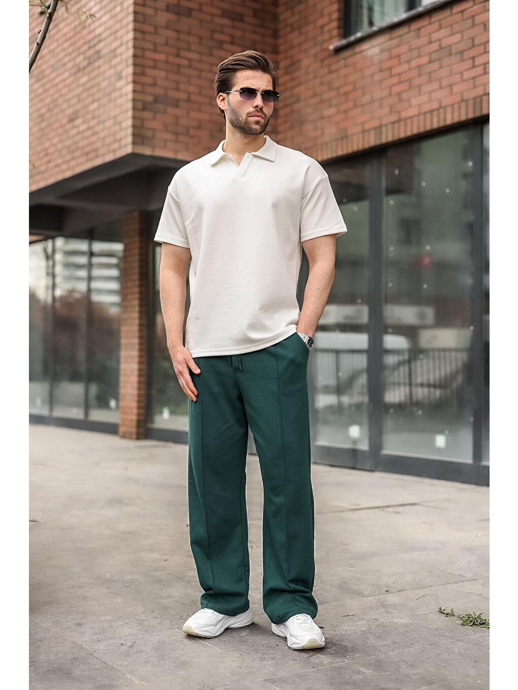 Ekru Polo Yaka Oversize Erkek Tişört E7185-2