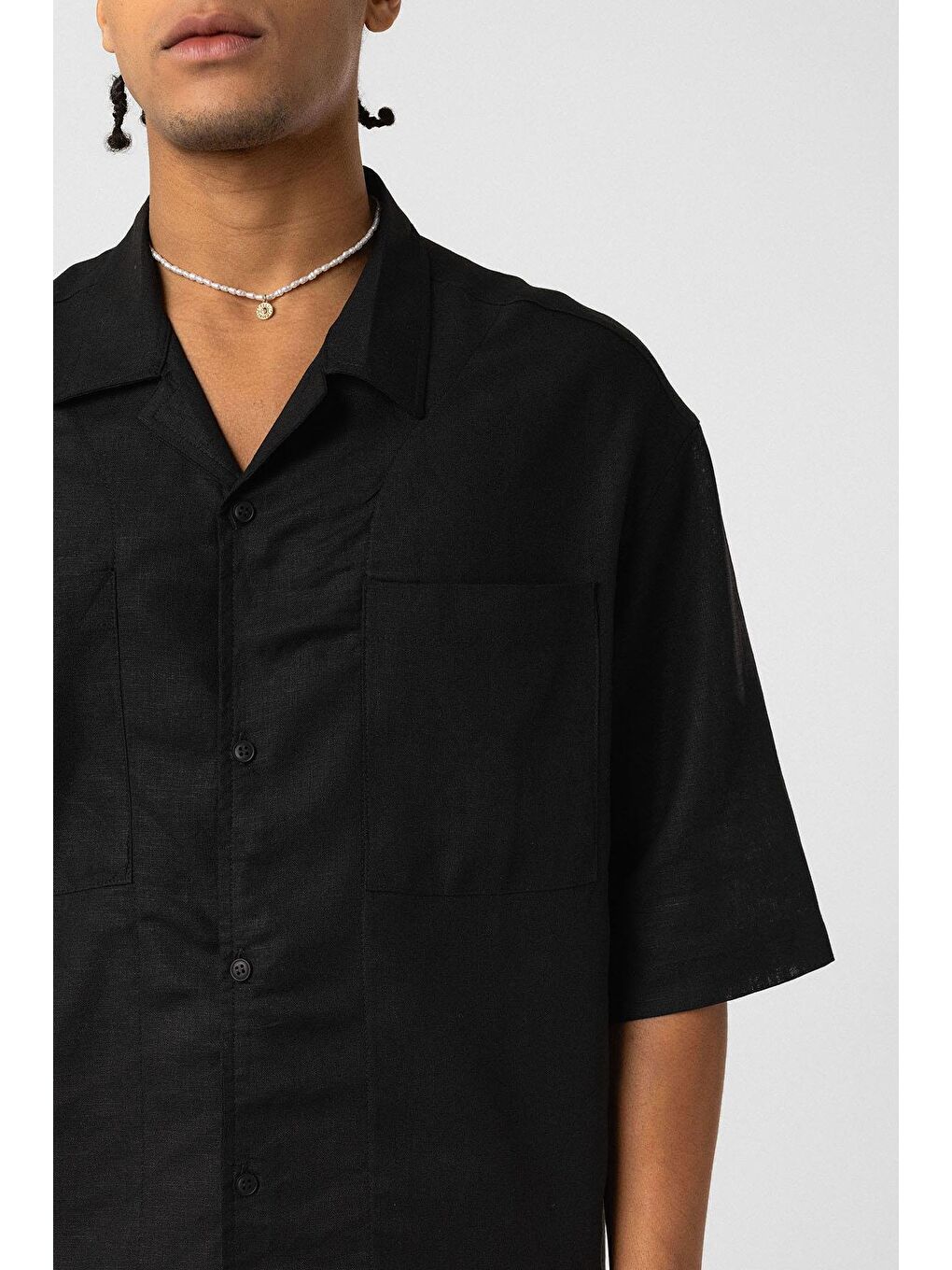 Çift Cepli Oversize Keten Gömlek Siyah-5