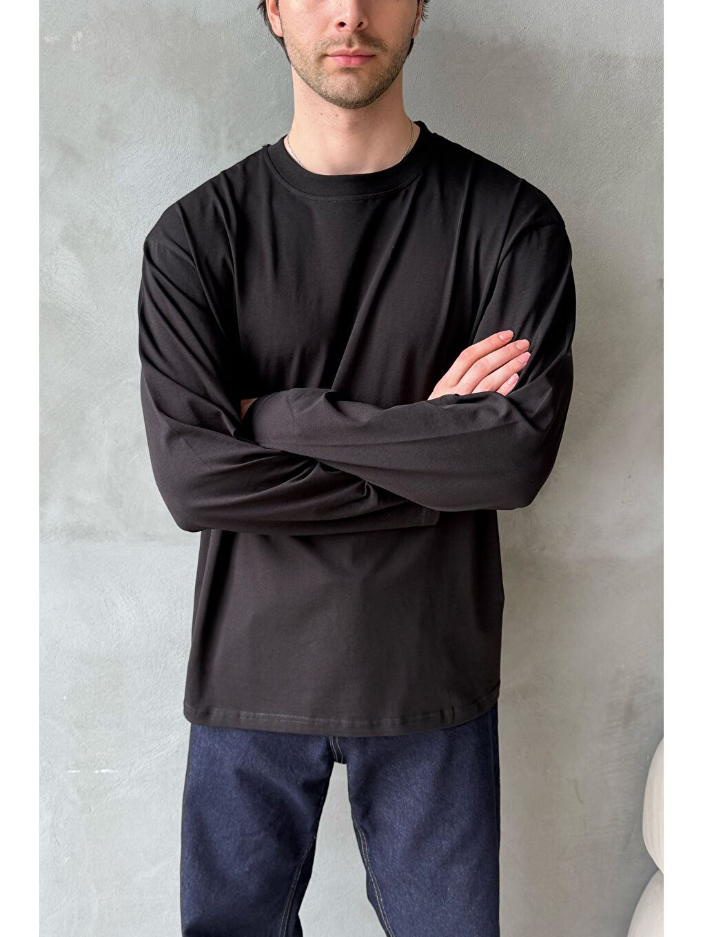 Siyah Erkek Oversize Uzun Kollu Basic T-shirt-3