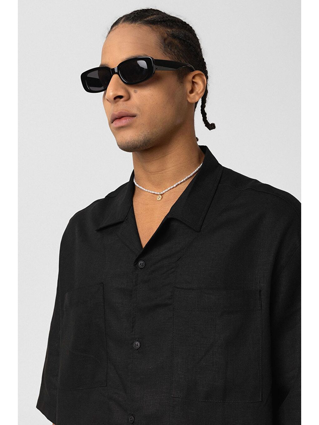 Çift Cepli Oversize Keten Gömlek Siyah-6