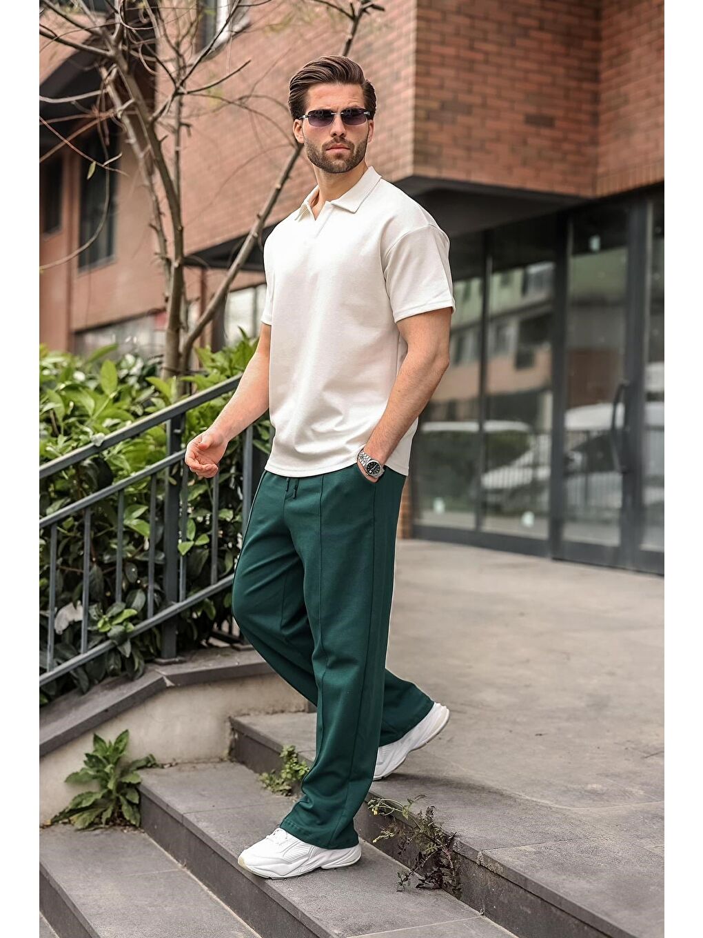 Ekru Polo Yaka Oversize Erkek Tişört E7185-3