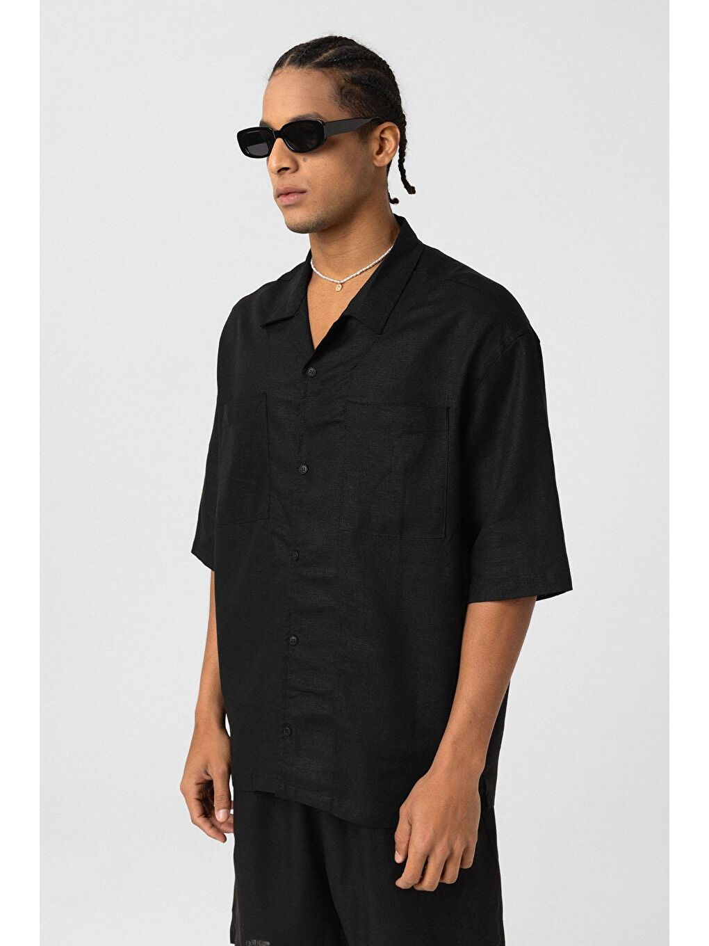 Çift Cepli Oversize Keten Gömlek Siyah-7