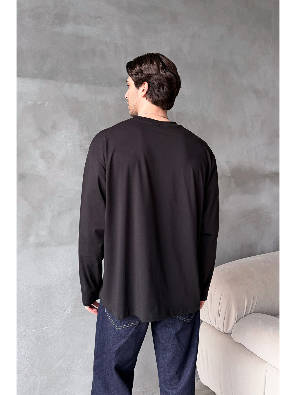 Siyah Erkek Oversize Uzun Kollu Basic T-shirt-4
