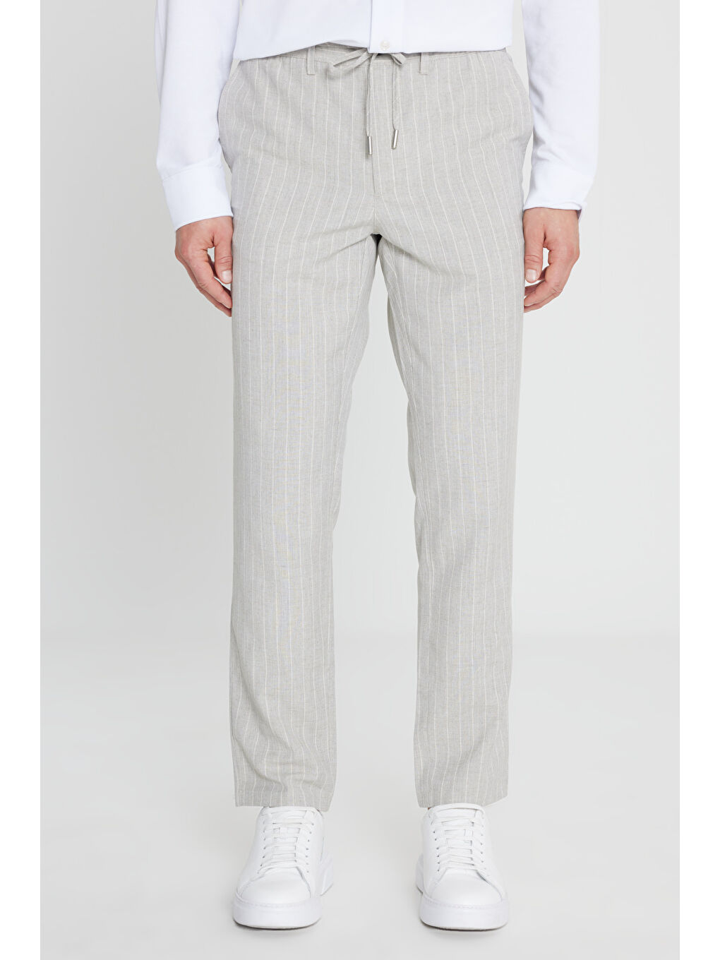 Erkek Gri Keten Slim Fit Dar Kesim Beli Bağlamalı Çizgili Casual Pantolon