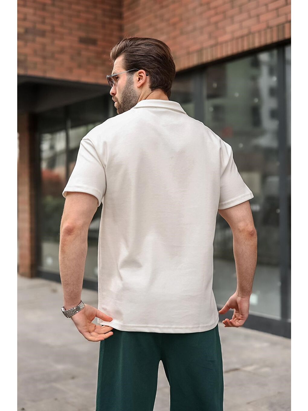 Ekru Polo Yaka Oversize Erkek Tişört E7185-5