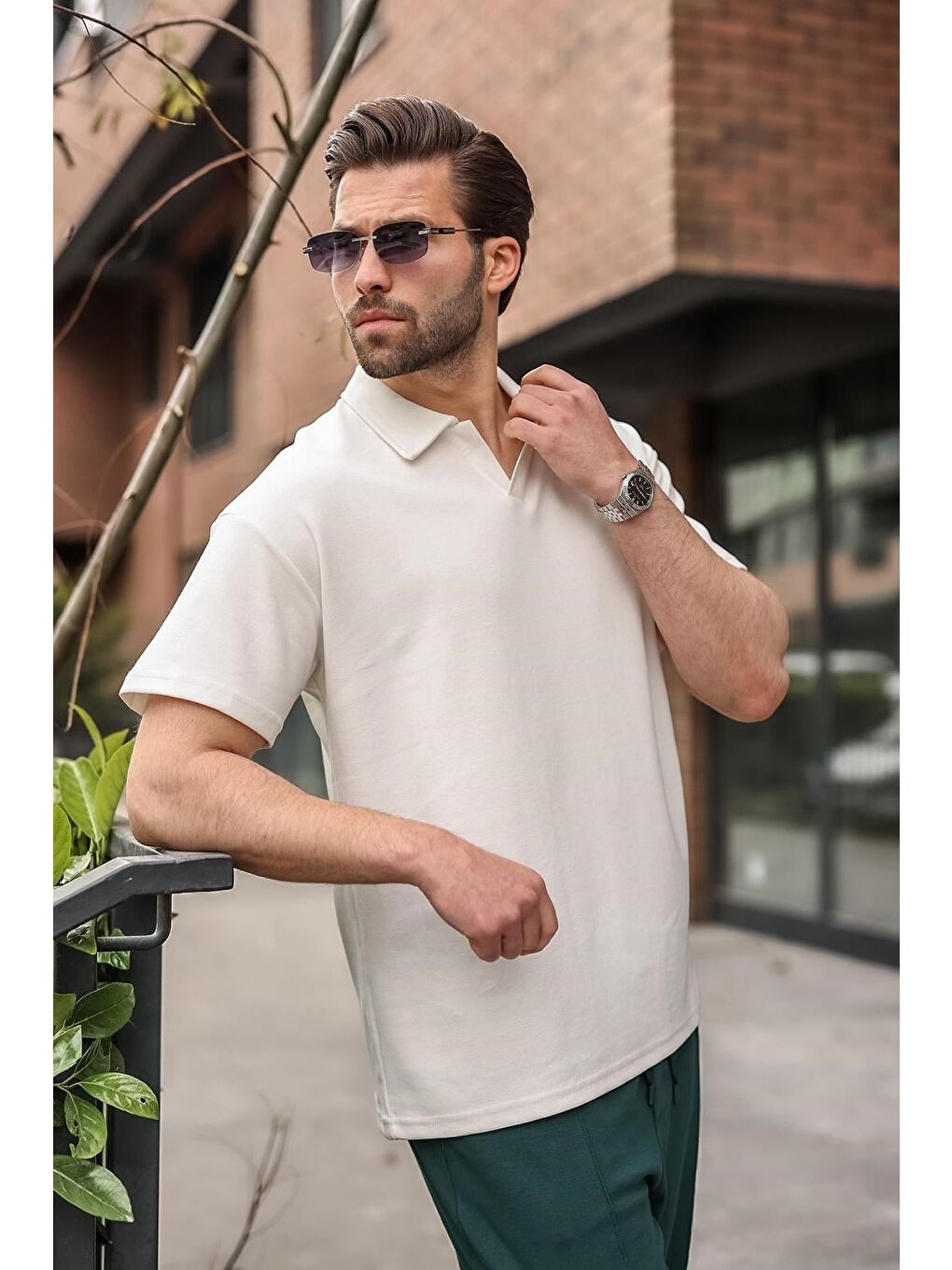 Ekru Polo Yaka Oversize Erkek Tişört E7185-6