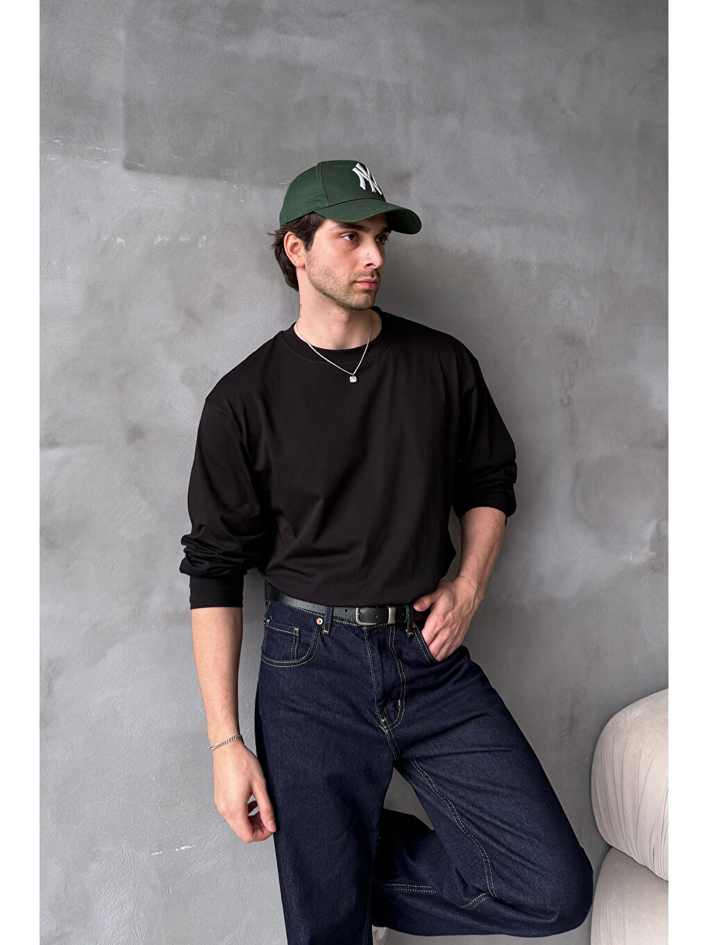 Siyah Erkek Oversize Uzun Kollu Basic T-shirt-5