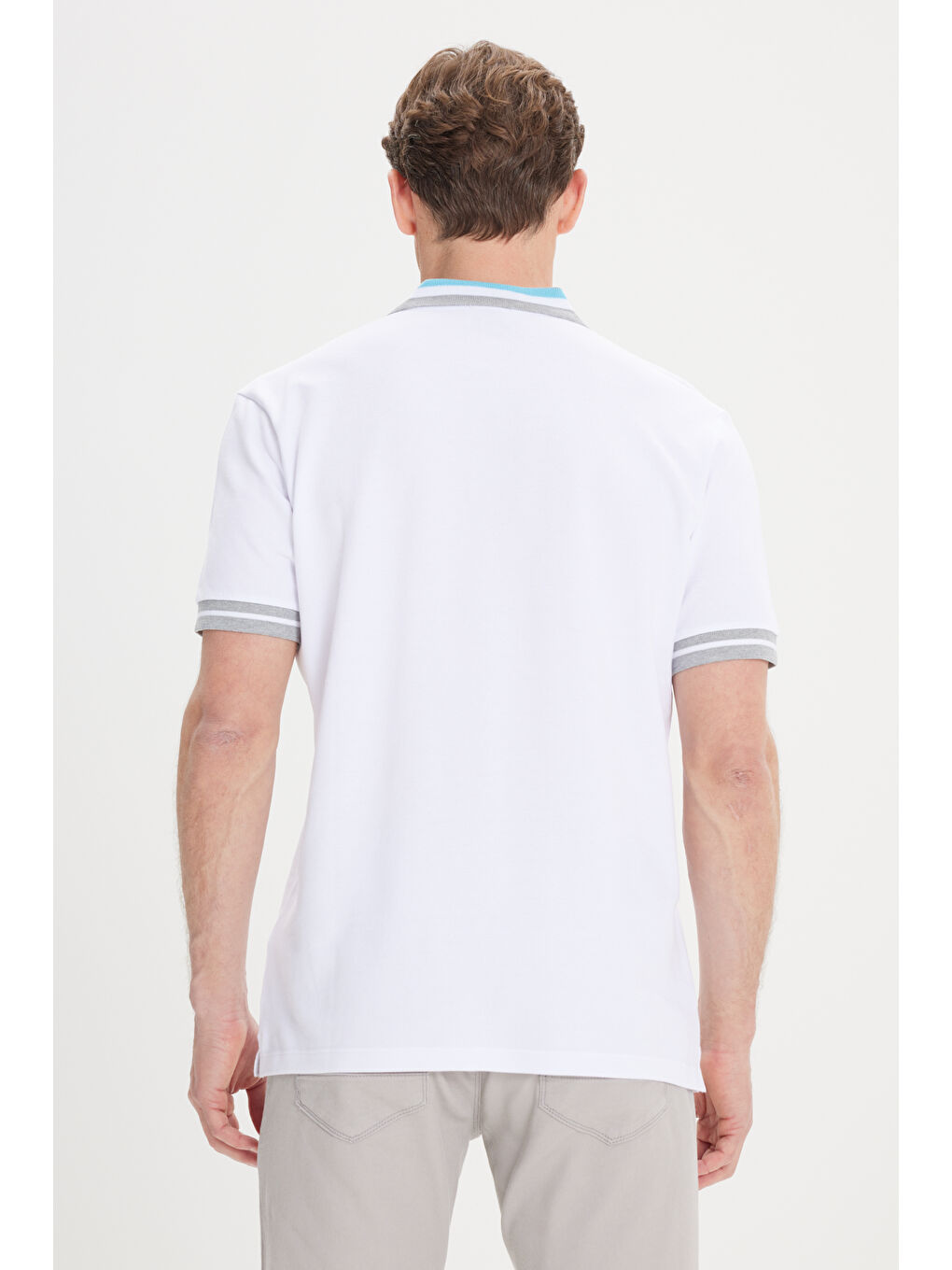 Erkek Beyaz-Turkuaz Slim Fit Dar Kesim %100 Pamuk Polo Yaka Tişört-7