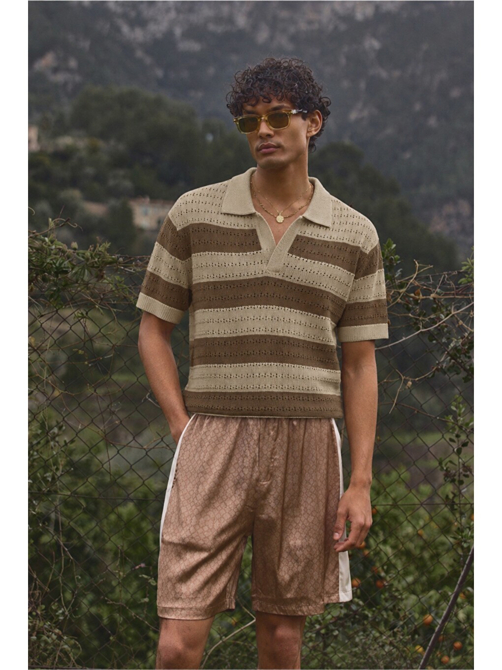 Bej Erkek Oversize Kalın Örgü Polo Yaka Triko Fileli Tişört Çizgili Vintage Yazlık Rahat Fit